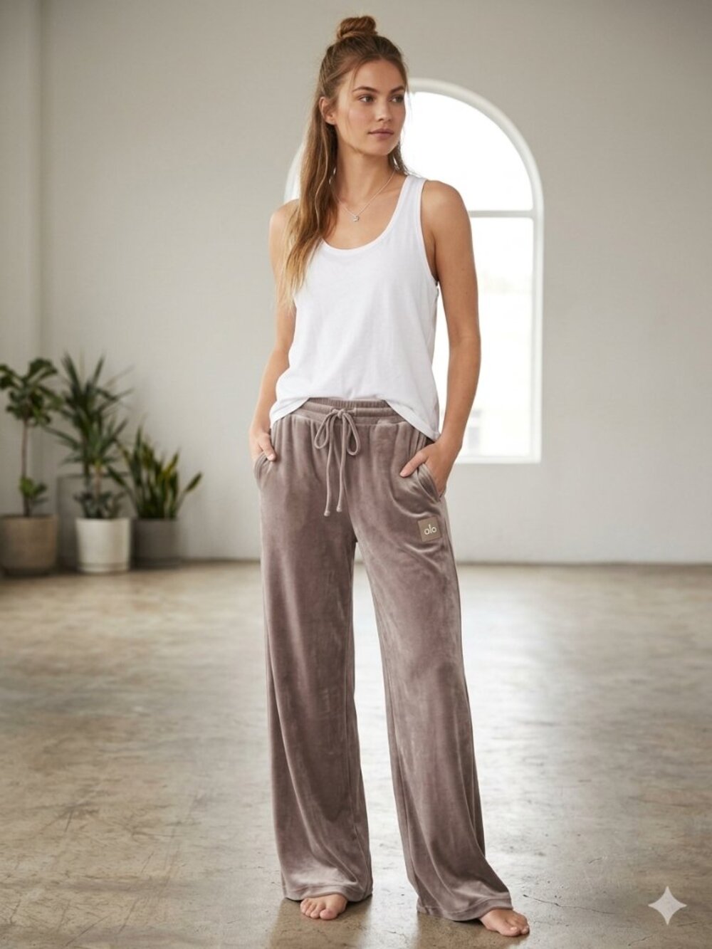Alo Yoga Velour Wide Leg Lounge Track Pants - Taupe Brown / Size XS